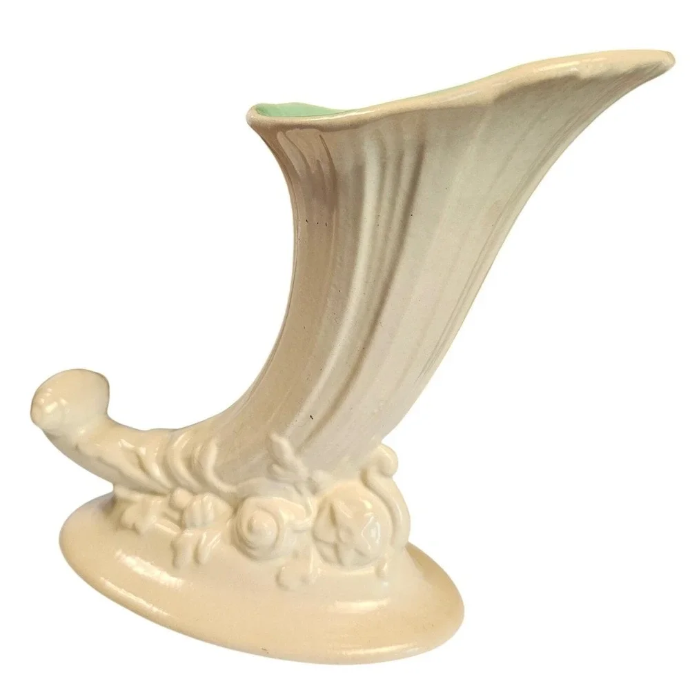 Vintage Red Wing Pottery‎ Cornucopia Vase 413 Ivory and Seafoam Green USA Made